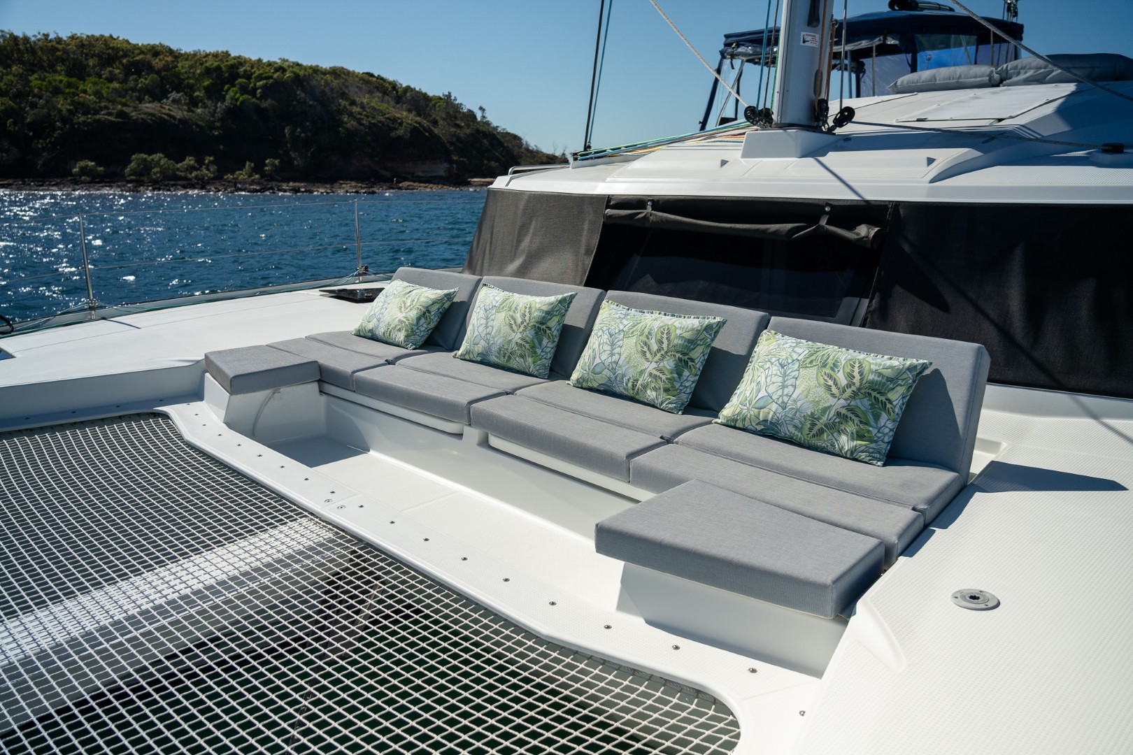 The foredeck lounge and trampolines
